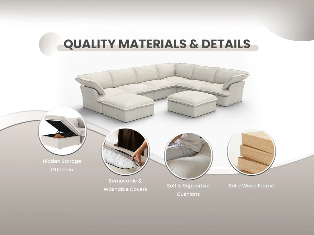 Deluxe Cloud 4-Seater Beige Storage U-Shaped Sectional | 6-Piece (includes 2 Ottomans), Linen and Cotton Fabric, Washable Covers