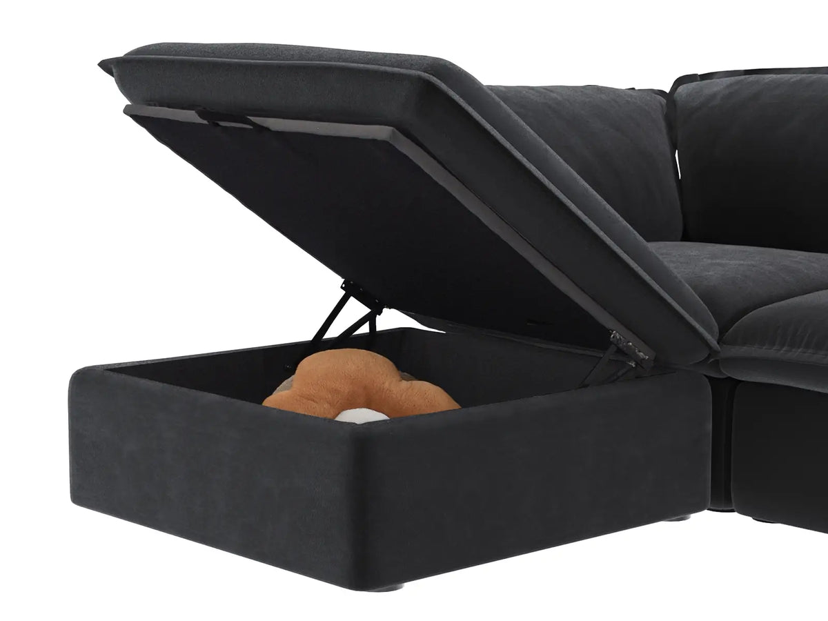 Deluxe Cloud Black 6-Seater V-Shaped Sofa with Storage | 7-Piece (includes 1 ottoman), Linen and Cotton Fabric, Washable Covers