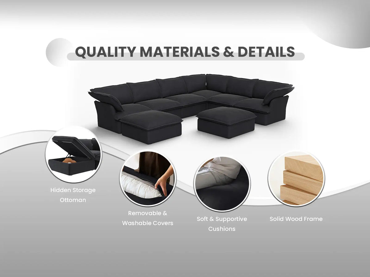 Deluxe Cloud Black 6-Seater V-Shaped Sofa with Storage | 7-Piece (includes 1 ottoman), Linen and Cotton Fabric, Washable Covers