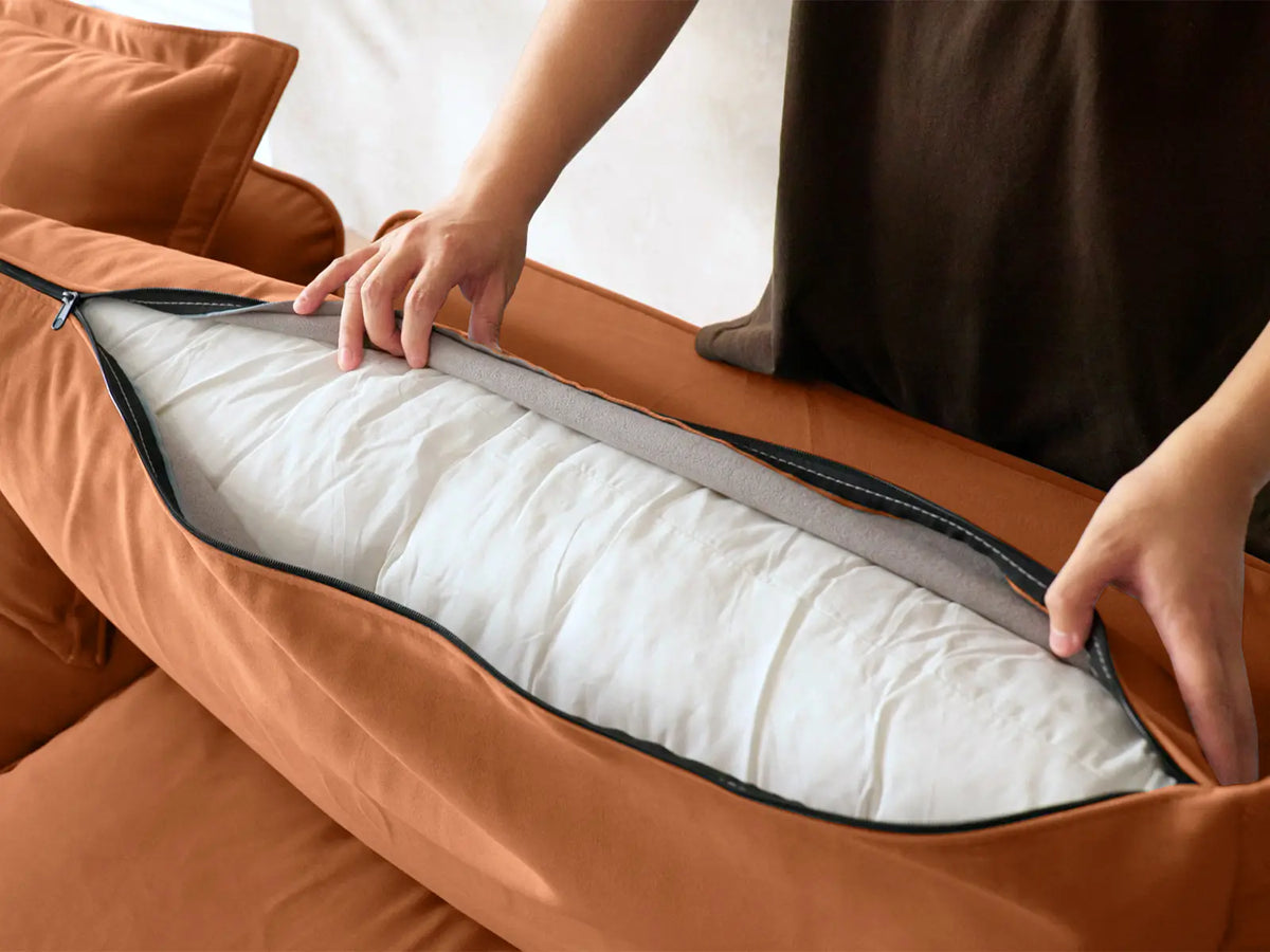 Deluxe Cloud Dark Orange 2-Seater Chaise Sectional | 3-Piece (includes 1 ottoman), Velvet Fabric, Storage Ottoman
