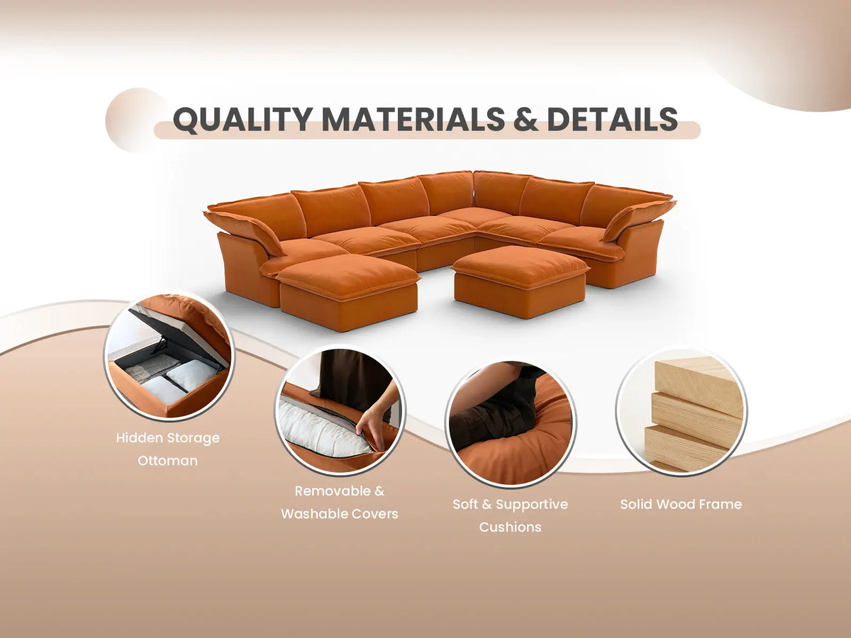 Deluxe Cloud Dark Orange 1-Seater Sofa | 1-Piece, Velvet Fabric, Washable Covers