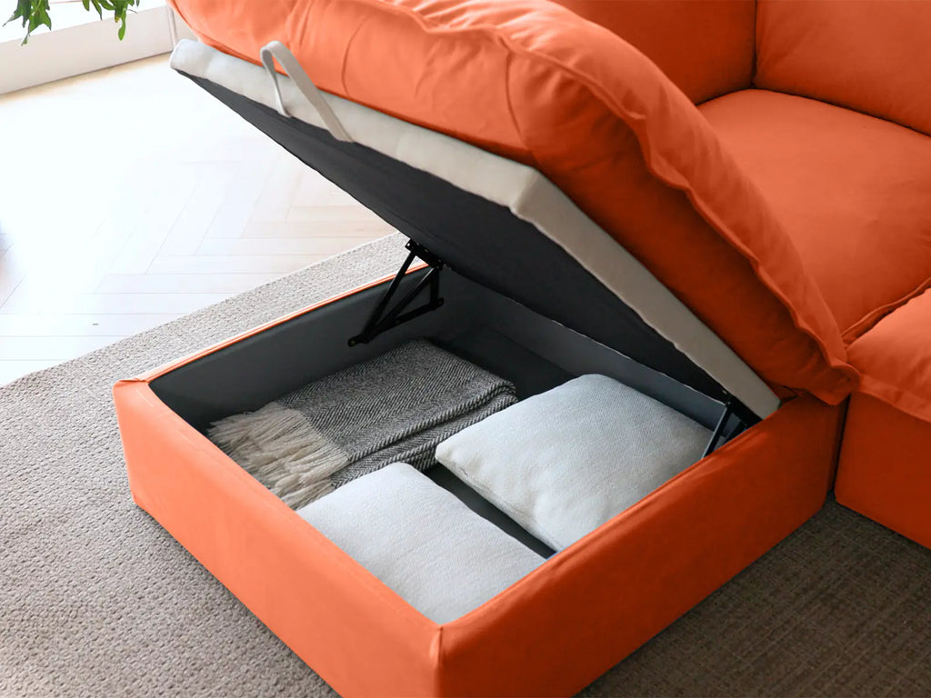 Deluxe Cloud Orange 4-Seater U-Shaped Storage Sofa | 6-Piece (includes 2 ottomans), Velvet Fabric, Washable Covers