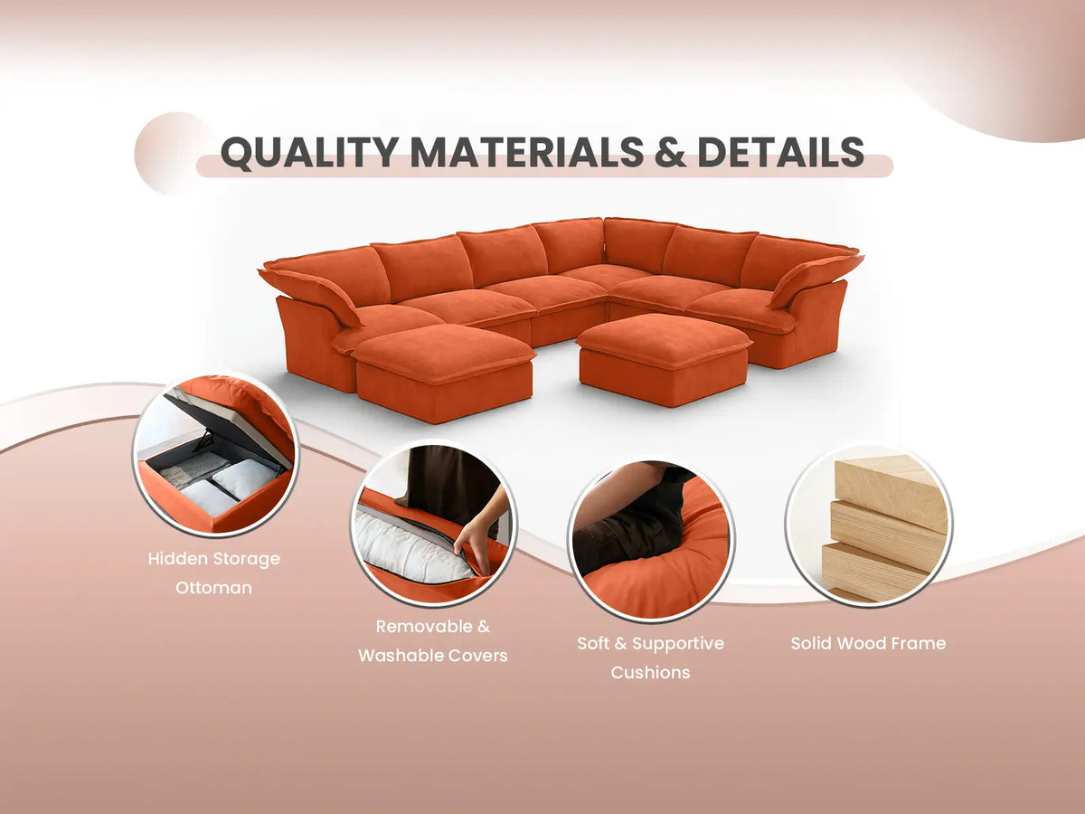 Deluxe Cloud Orange 4-Seater U-Shaped Storage Sofa | 6-Piece (includes 2 ottomans), Velvet Fabric, Washable Covers