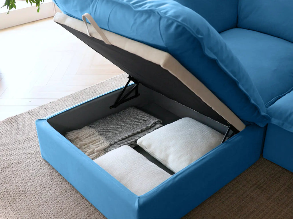 Deluxe Cloud Blue 3-Seater L-Shaped Sectional | 4-Piece (includes 1 ottoman), Velvet Fabric, Storage Ottoman