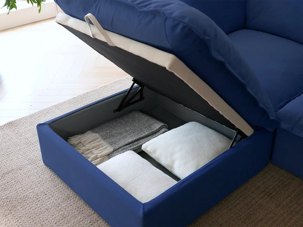 Deluxe Cloud Dark Blue 6-Seater V-Shaped Modular Sofa | 7-Piece (includes 1 ottoman), Velvet Fabric, Storage Ottoman