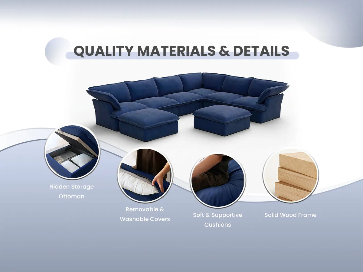 Deluxe Cloud Dark Blue 6-Seater V-Shaped Modular Sofa | 7-Piece (includes 1 ottoman), Velvet Fabric, Storage Ottoman
