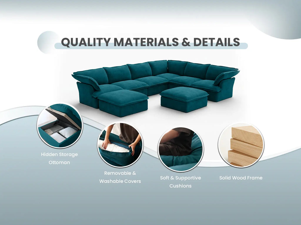 Deluxe Cloud Turquoise 1-Seater Single Sofa | 1-Piece, Velvet Fabric, Washable Covers