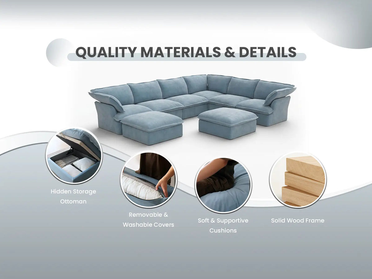 Deluxe Cloud Light Blue 3-Seater Modular Pit Sectional | 6-Piece (includes 3 ottomans), Velvet Fabric, Storage Ottoman