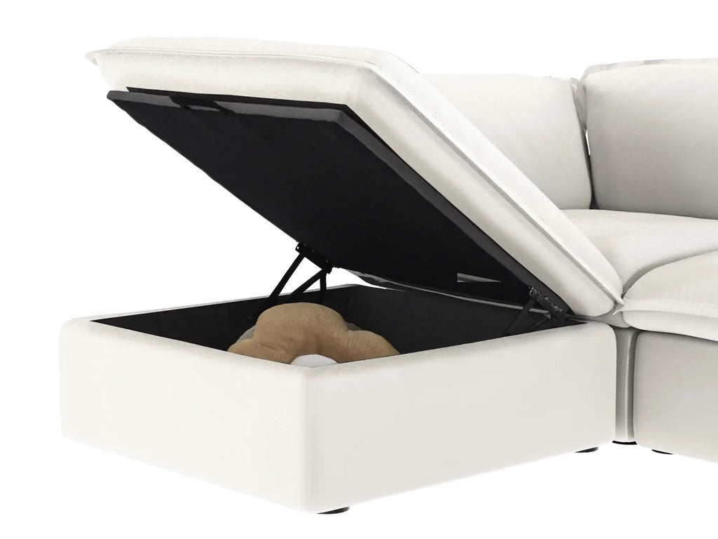 Deluxe Cloud White 2-Seater Chaise Sectional Small Space | 3-Piece (includes 1 ottoman), Linen and Cotton Fabric, Storage Ottoman
