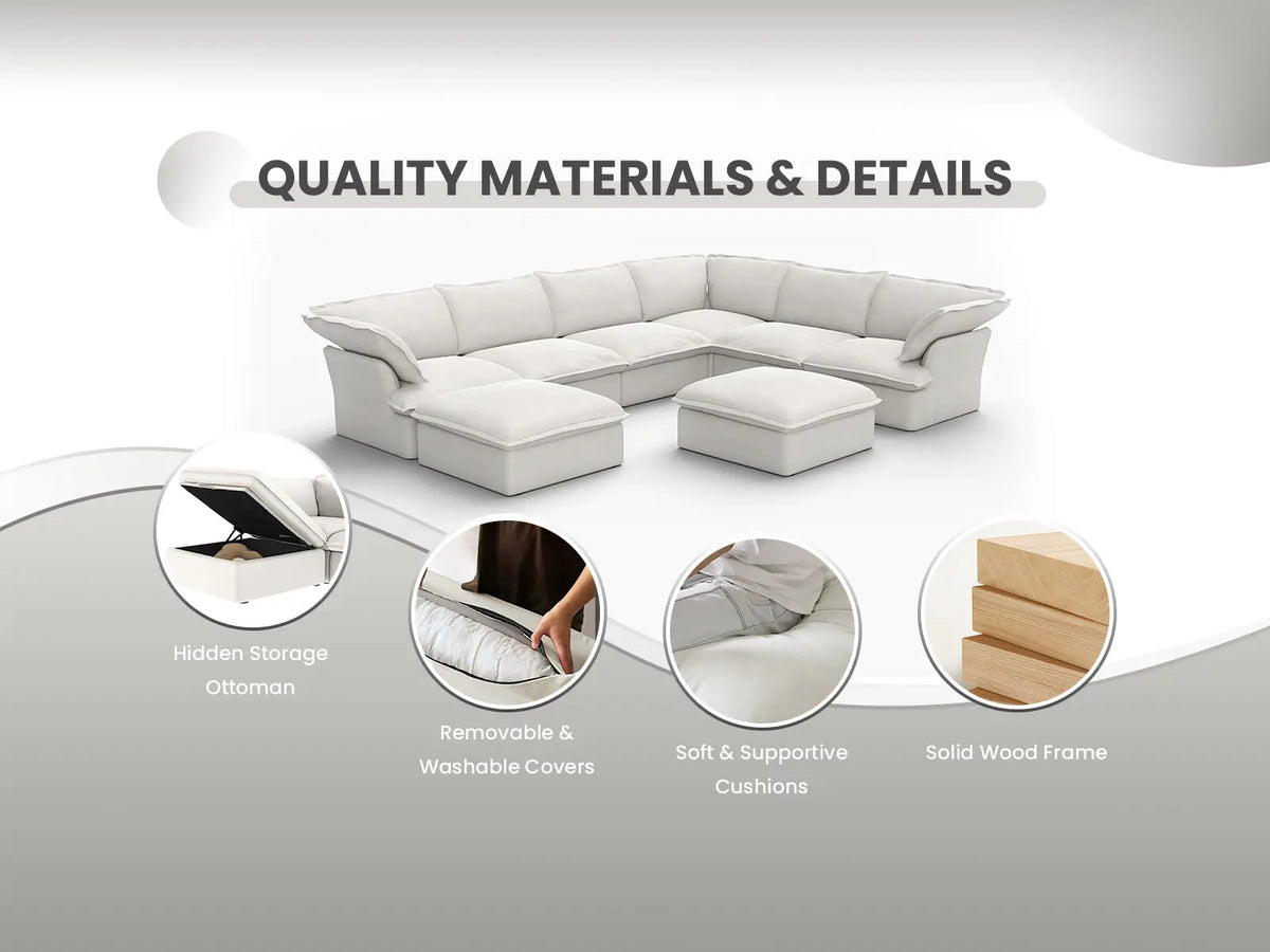 Deluxe Cloud White 2-Seater Chaise Sectional Small Space | 3-Piece (includes 1 ottoman), Linen and Cotton Fabric, Storage Ottoman