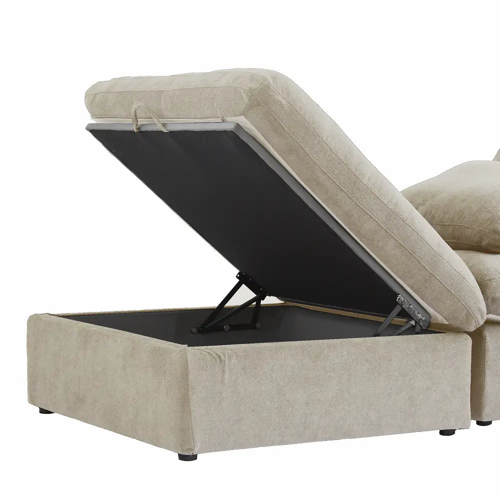 Deluxe Cloud 6-Seater Khaki V-Shaped Sectional | 7-Piece (Includes 1 Ottoman), Cotton And Linen Fabric, Living Room Seating, Washable Cushion Covers