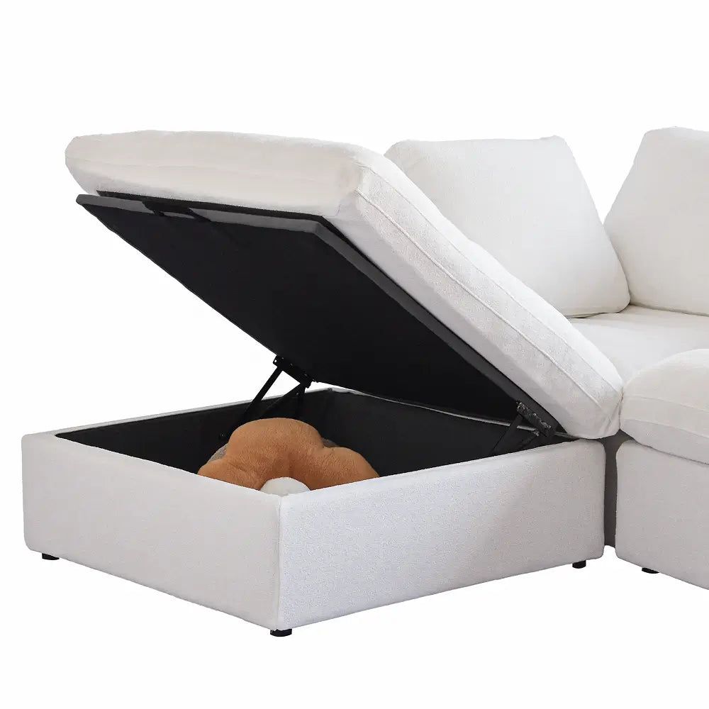 Deluxe Cloud 4-Seater White Sofa Set | 7-Piece (Includes 3 Ottomans), Cotton And Linen Fabric, Washable Cushion Covers
