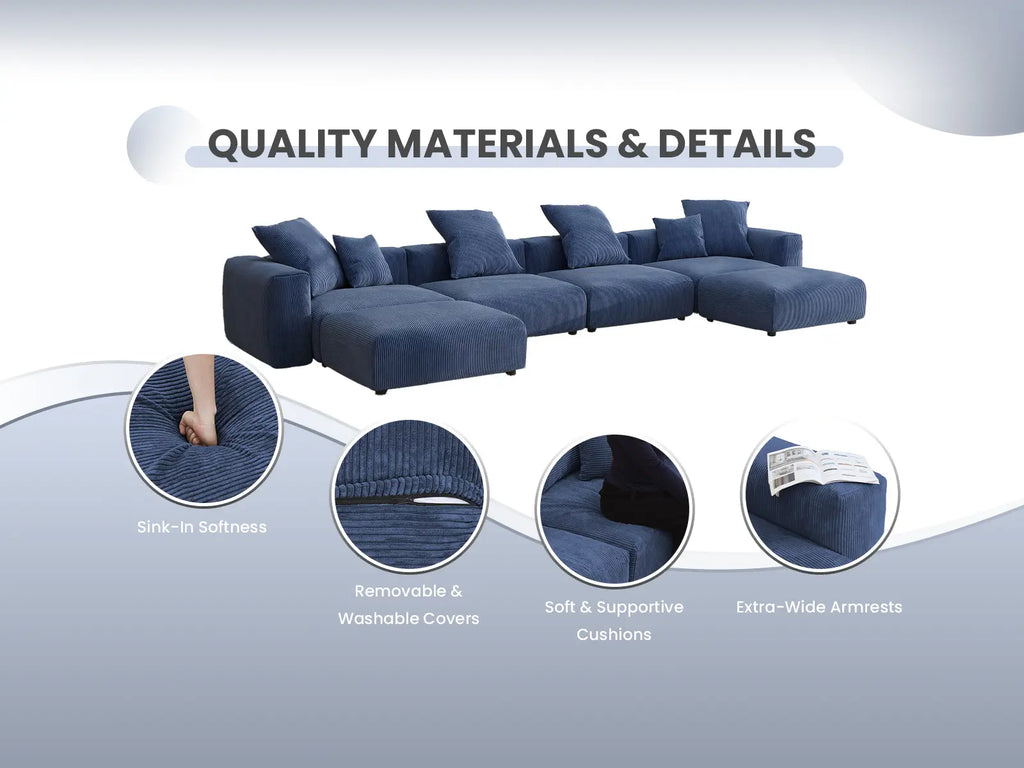 Matrix 6-Seater Sofa Set in Blue Corduroy | 8-Piece (Includes 2 Ottomans), Living Room, Easy To Clean, Open Space