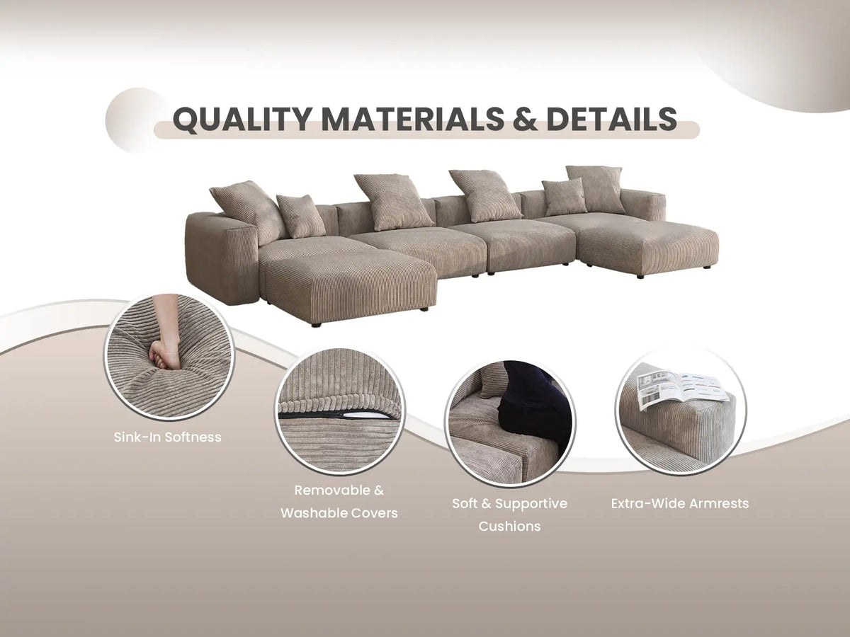 Matrix 3-Seater Brown Pit Sectional | 6-Piece (Includes 3 Ottomans), Corduroy Fabric, Family Room Seating, Washable Cushion Covers
