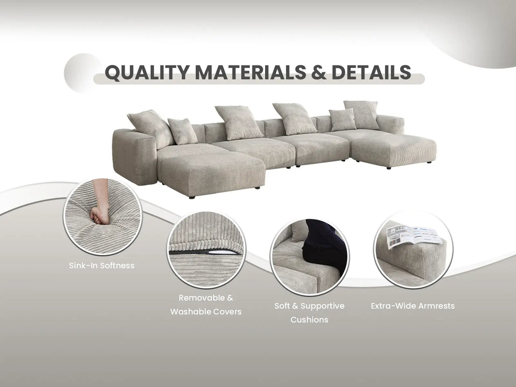 Matrix 4-Seater Sofa Set in Grey Corduroy | 5-Piece (Includes 1 Ottoman), Easy To Clean, Modular Design