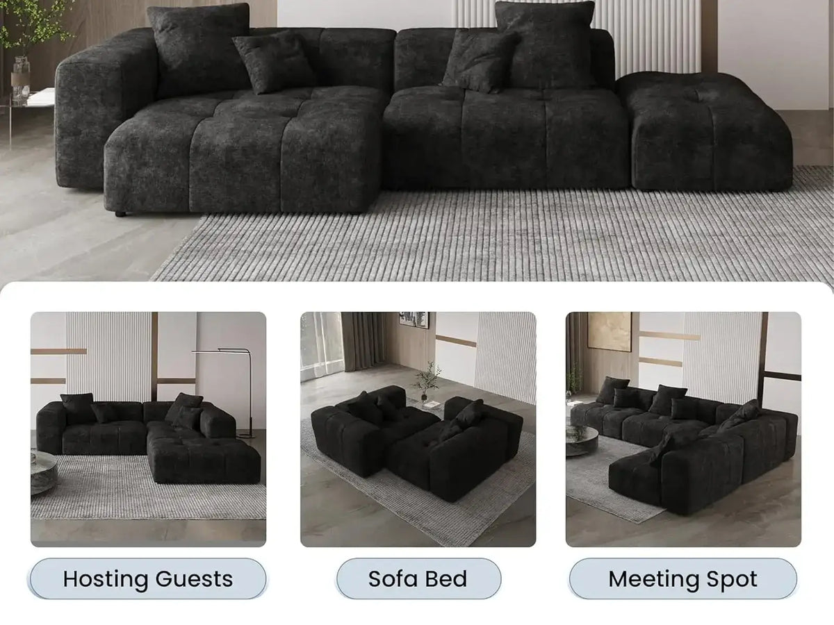 Matrix 4-Seater Black Linen Pit Sectional | 8-Piece (Includes 4 Ottomans), Modular Design