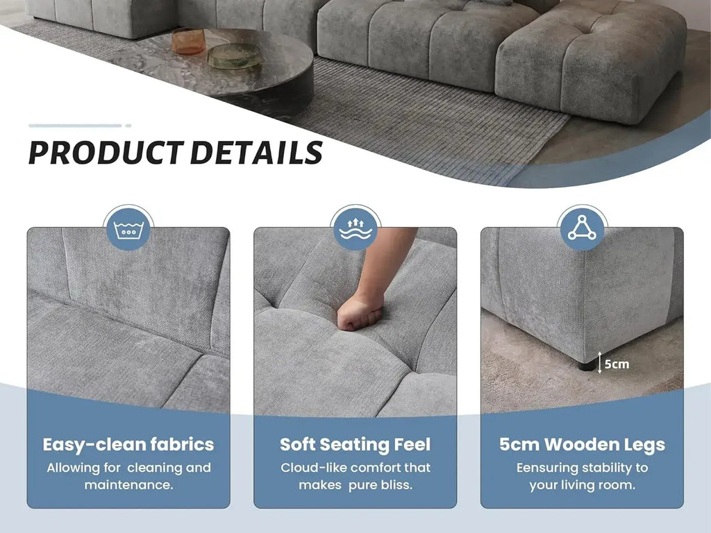 Matrix 2-Seater Light-Grey Chaise Sectional | 3-Piece (Includes 1 Ottoman), Linen Fabric, Lounge Room Seating