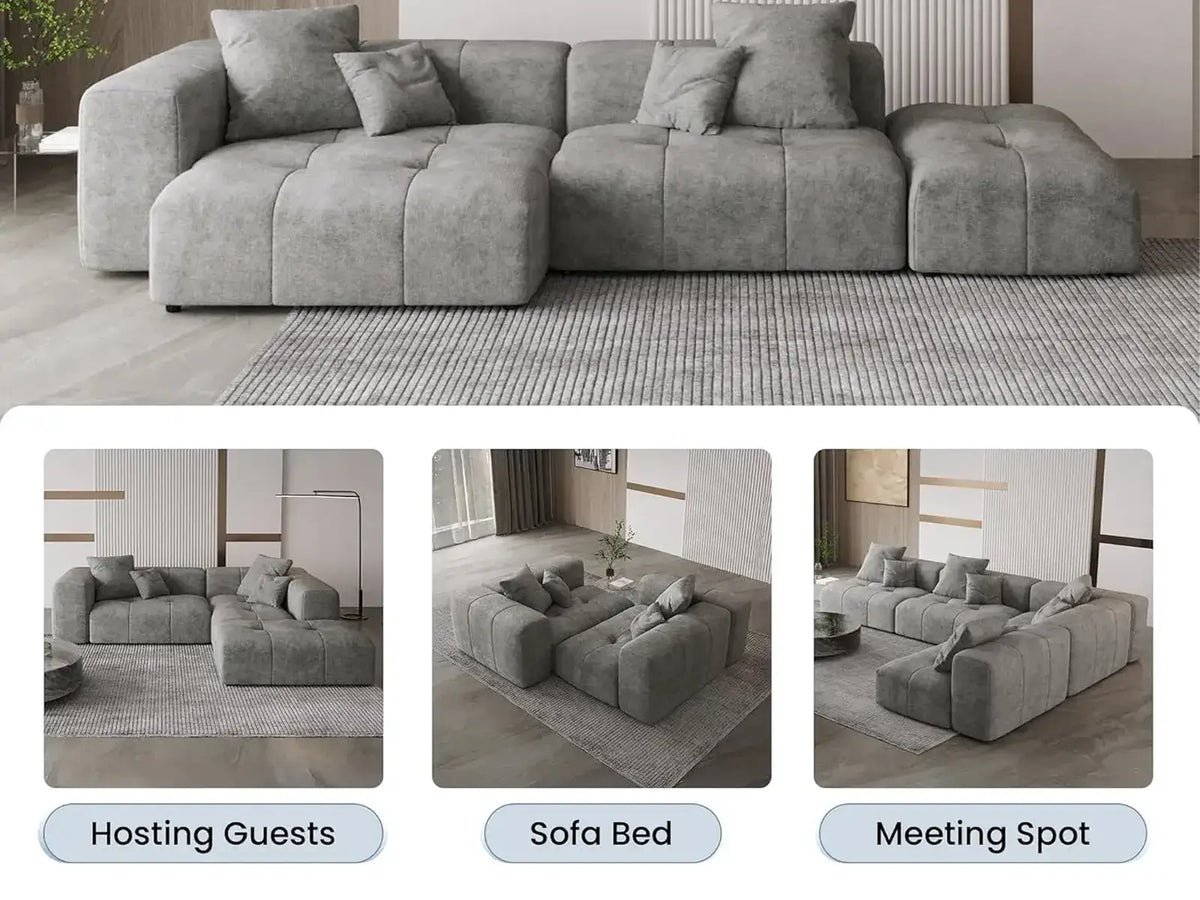Matrix 2-Seater Light-Grey Chaise Sectional | 3-Piece (Includes 1 Ottoman), Linen Fabric, Lounge Room Seating