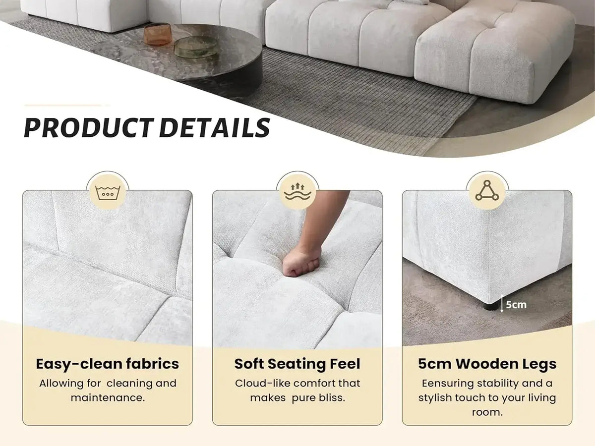 Matrix 3-Seater White Large Space U-Shaped Sectional | 5-Piece (Includes 2 Ottomans), Linen Fabric