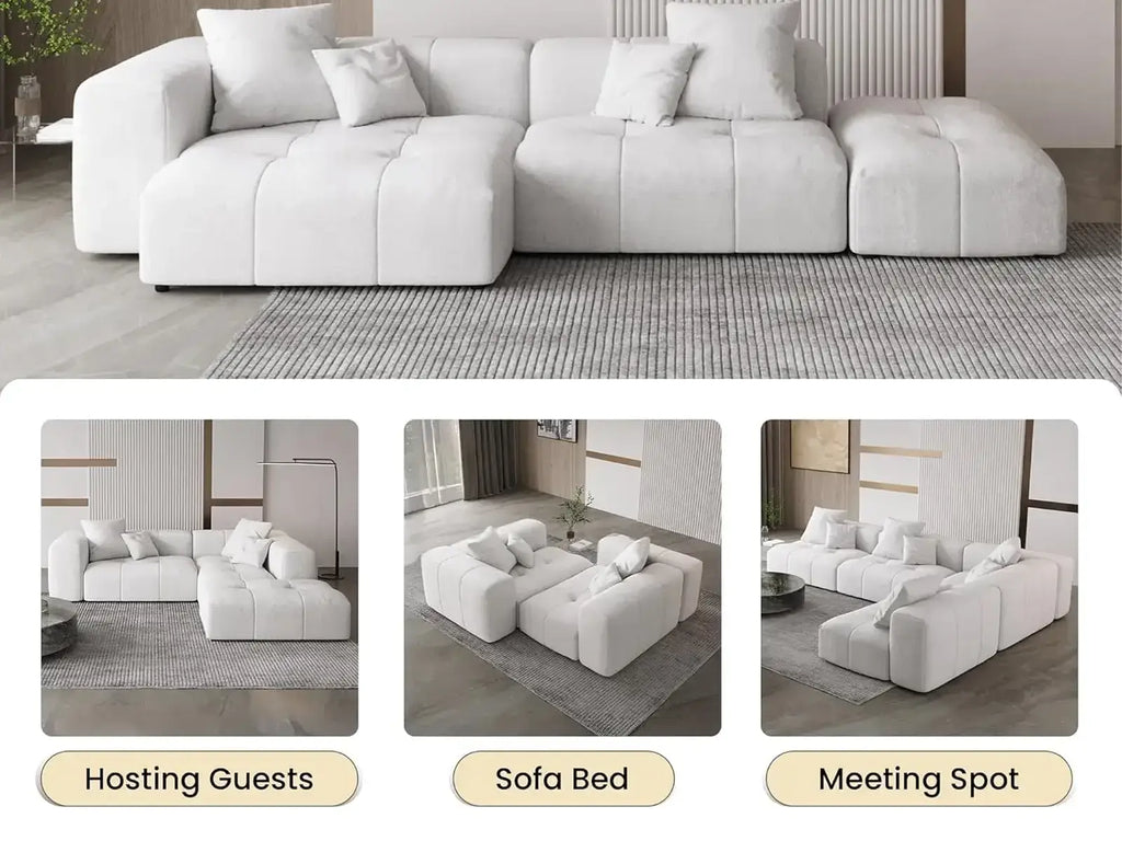 Matrix 3-Seater White Large Space U-Shaped Sectional | 5-Piece (Includes 2 Ottomans), Linen Fabric