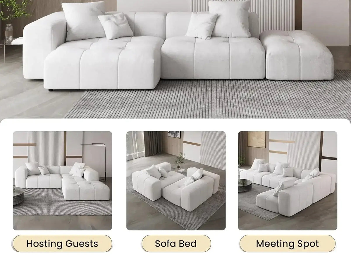 Matrix 5-Seater White Large Space L-Shaped Sectional | 5-Piece, Linen Fabric