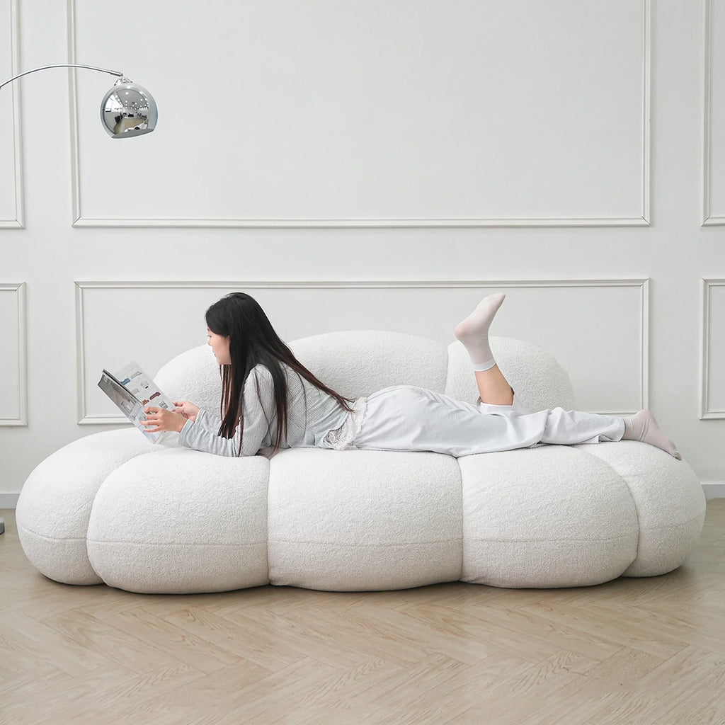 Essential 3-Seater white Teddy Velvet Couch Sectionals | 1-Piece, Teddy Velvet Fabric, Compact Design