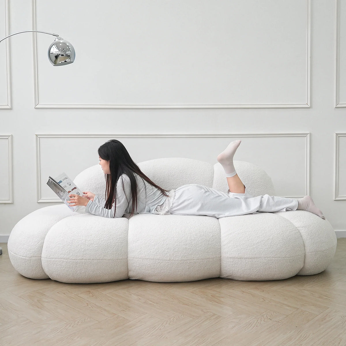 Essential 3-Seater white Teddy Velvet Couch Sectionals | 1-Piece, Teddy Velvet Fabric, Compact Design