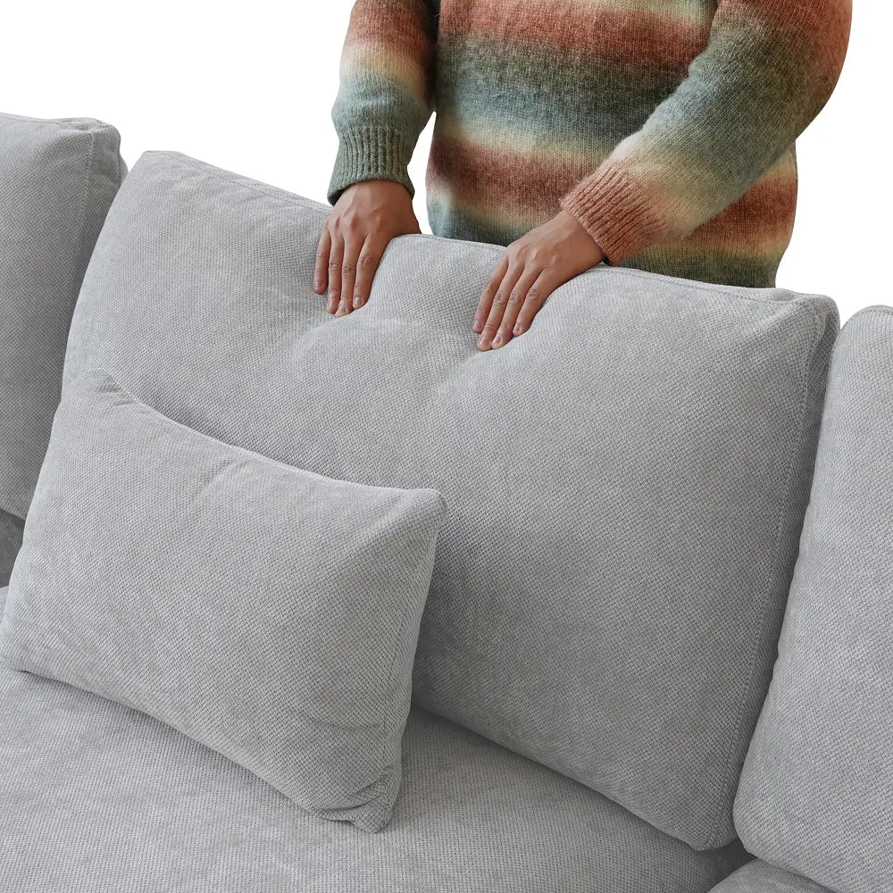 Deluxe Cloud 6-Seater Light-Grey Washable Sofa Set | 8-Piece (includes 2 Ottomans), Chenille and Linen Fabric, Modular Design