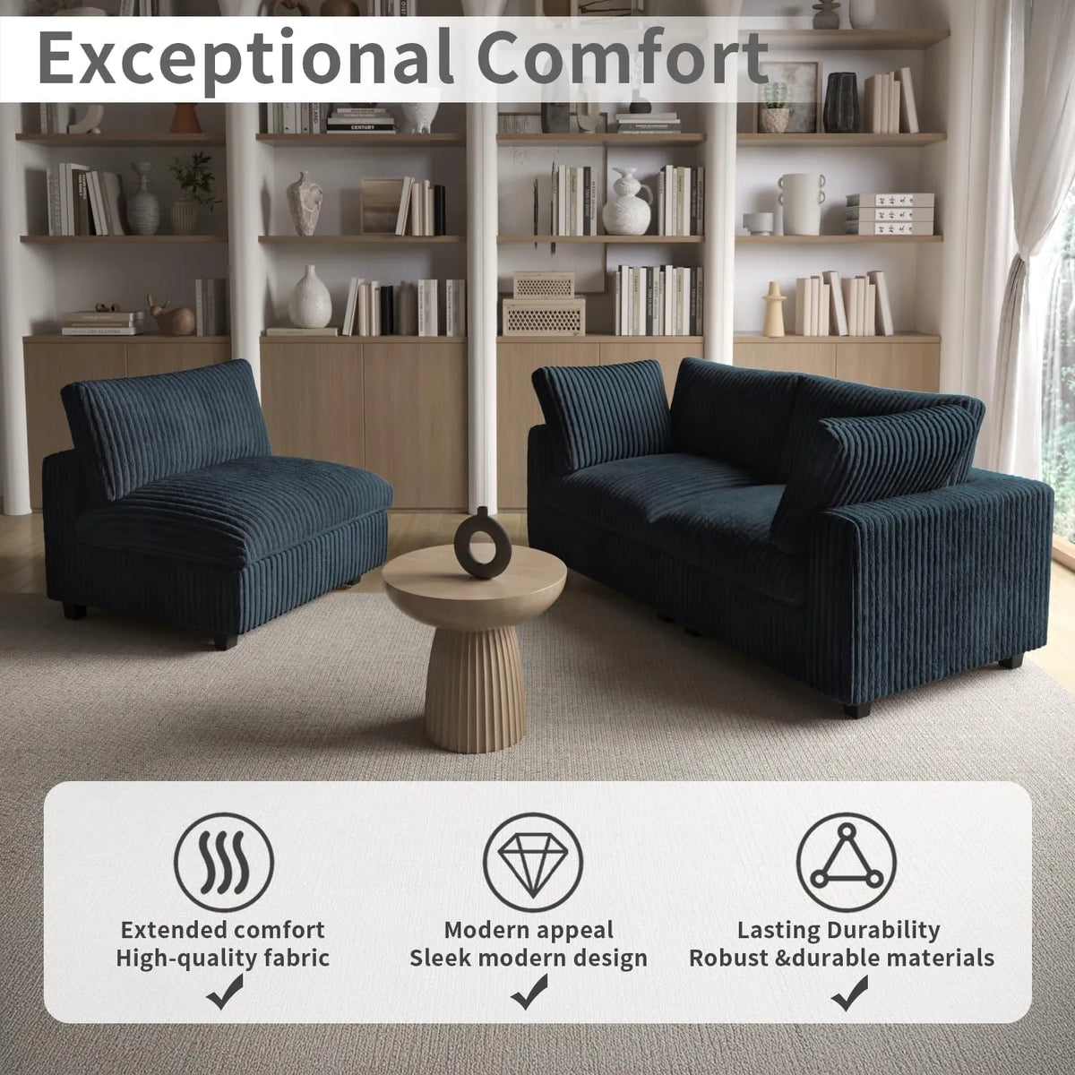 Deluxe Cloud Black 6-Seater Sofa Sets | 8-Piece (includes 2 ottomans), Plush Fabric, Removable & Washable Covers