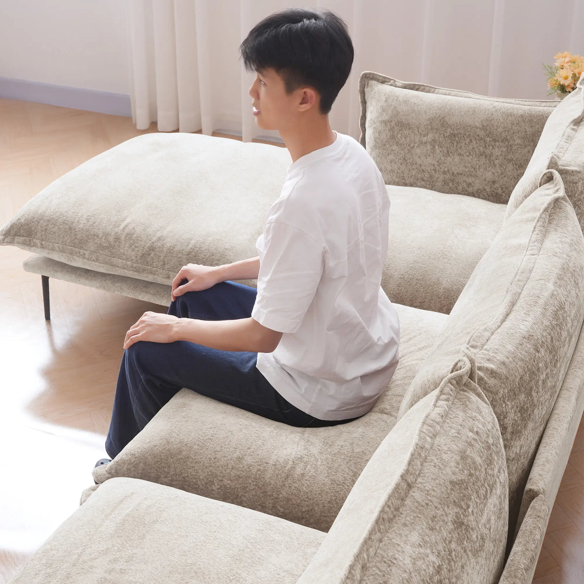Deluxe Cloud 4-Seater Brown Modular L-Shaped Sectional | 5-Piece (includes 1 Ottoman), Velvet Fabric, Spacious Design