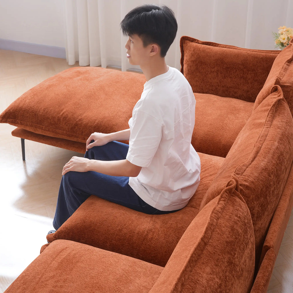 Deluxe Cloud 3-Seater Orange Modular U-Shaped Sectional | 5-Piece (includes 2 Ottomans), Velvet Fabric, Roomy Layout