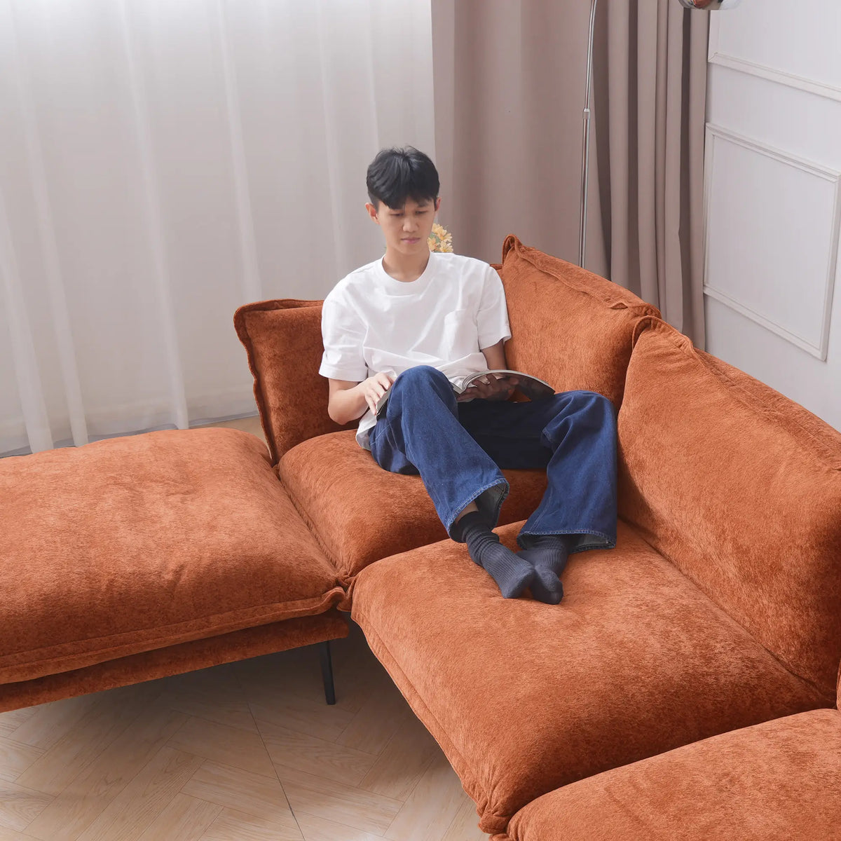 Deluxe Cloud 3-Seater Orange Modular U-Shaped Sectional | 5-Piece (includes 2 Ottomans), Velvet Fabric, Roomy Layout