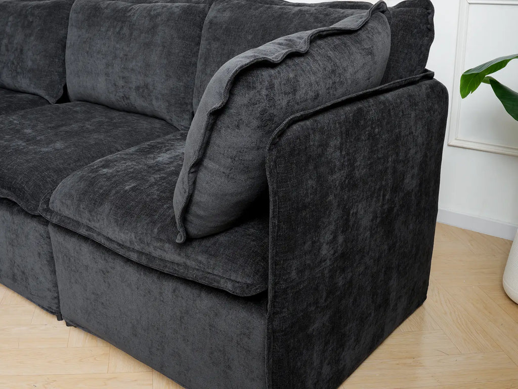 Deluxe Cloud 3-Seater Black U-Shaped Sectional | 5-Piece (Includes 2 Ottomans), Linen Look Poly Fabric, Washable Cushion Covers