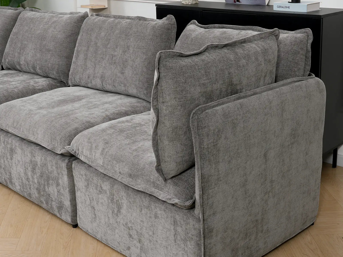 Deluxe Cloud 6-Seater Grey Large Space V-Shaped Sectional | 7-Piece (Includes 1 Ottoman), Linen Look Poly Fabric, Easy To Clean