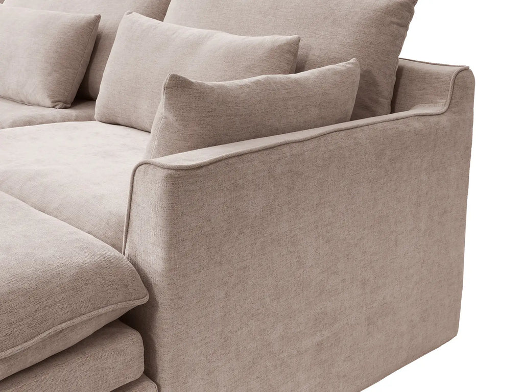 Deluxe Cloud 2-Seater Khaki Chaise Sectional | 3-Piece (Includes 1 Ottoman), Linen Look Poly Fabric, Washable Cushion Covers