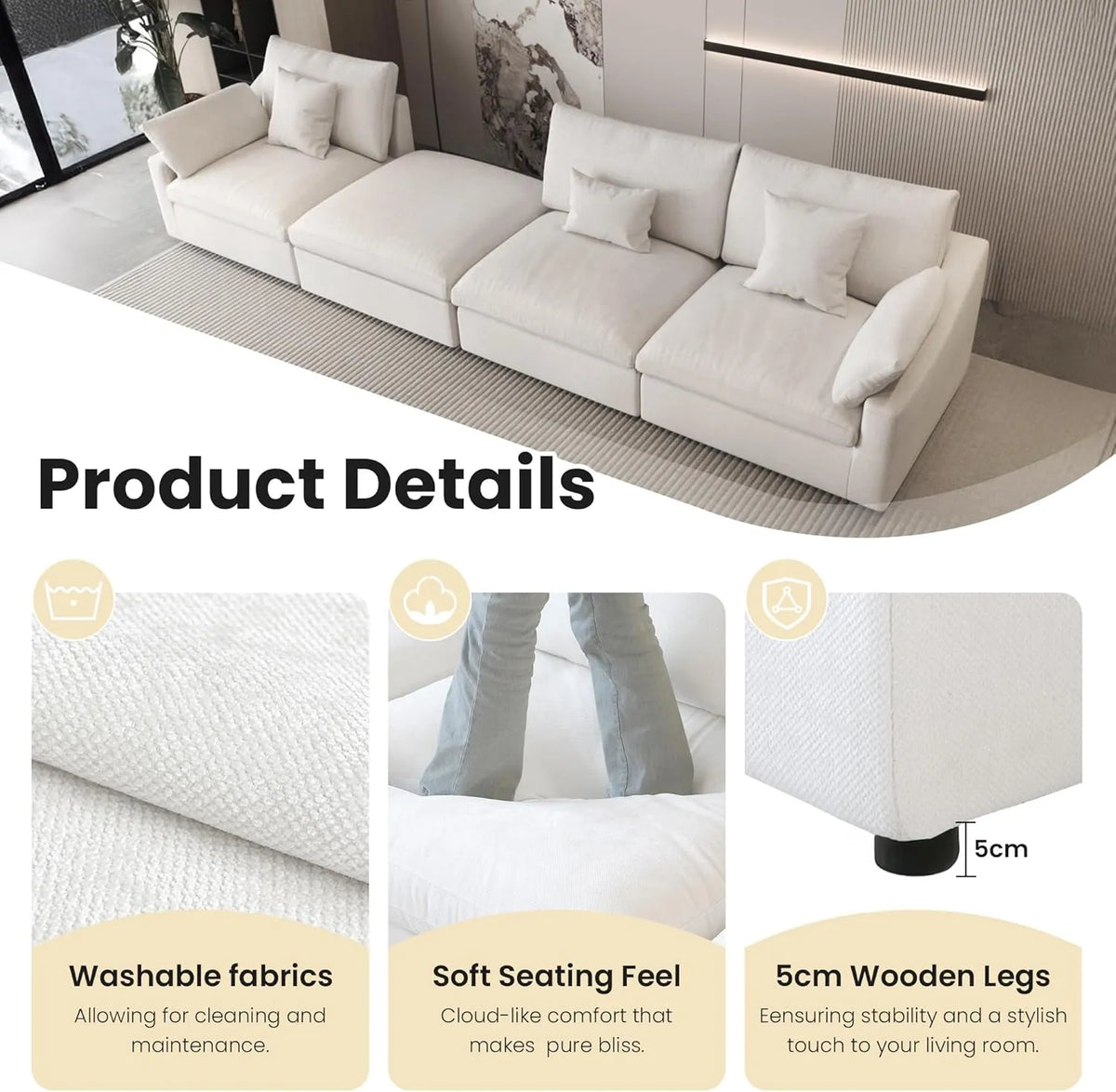 Deluxe Cloud 4-Seater White Washable L-Shaped Sectional | 5-Piece (includes 1 Ottoman), Chenille and Linen Fabric, Modular Design