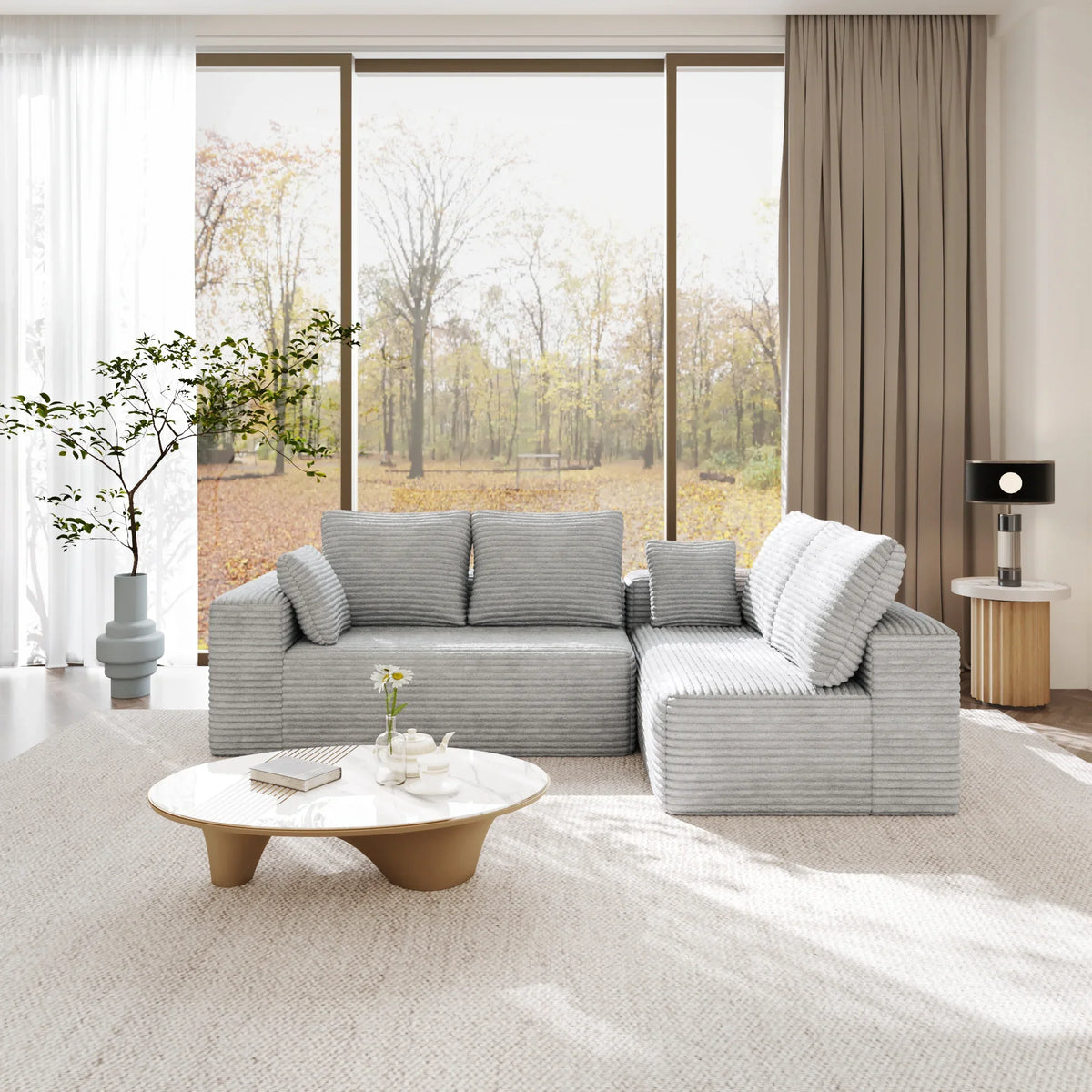 Matrix 4-Seater light-grey Modular L-Shaped Sectionals | 2-Piece, Corduroy Fabric, Compact Design