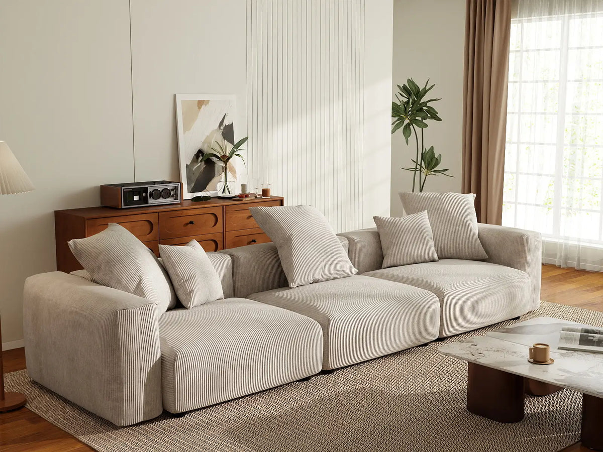 Matrix 3-Seater Beige Washable Couch Sectional | 3-Piece, Corduroy Fabric, Modular Design
