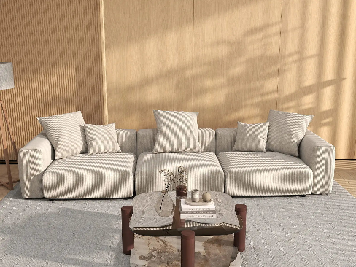Matrix 3-Seater Beige Washable Couch Sectional | 3-Piece, Corduroy Fabric, Modular Design