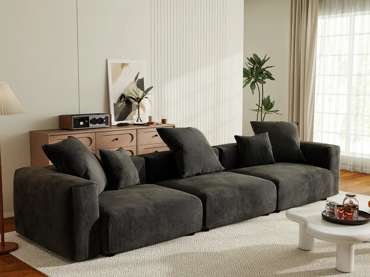 Matrix 3-Seater Black Washable Couch Sectional | 3-Piece, Corduroy Fabric, Modular Design
