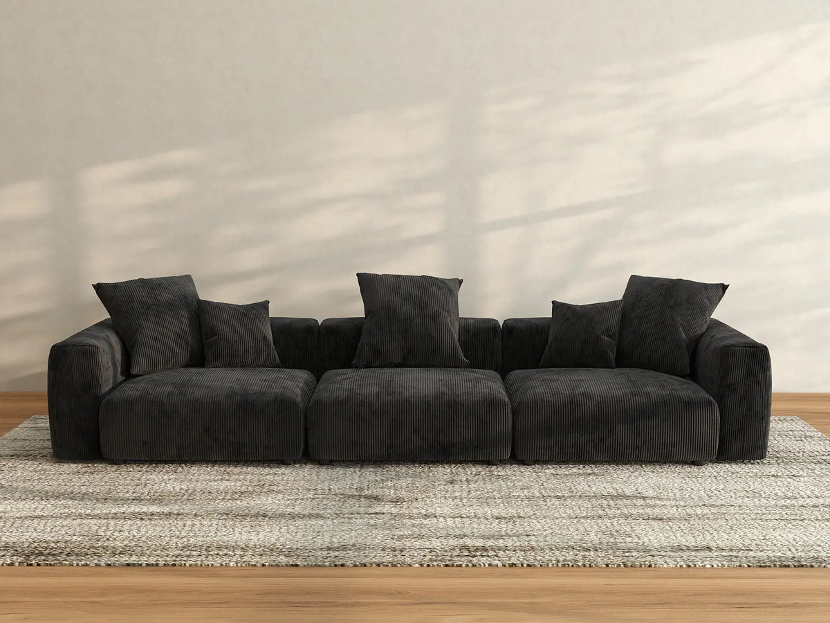 Matrix 3-Seater Black Washable Couch Sectional | 3-Piece, Corduroy Fabric, Modular Design