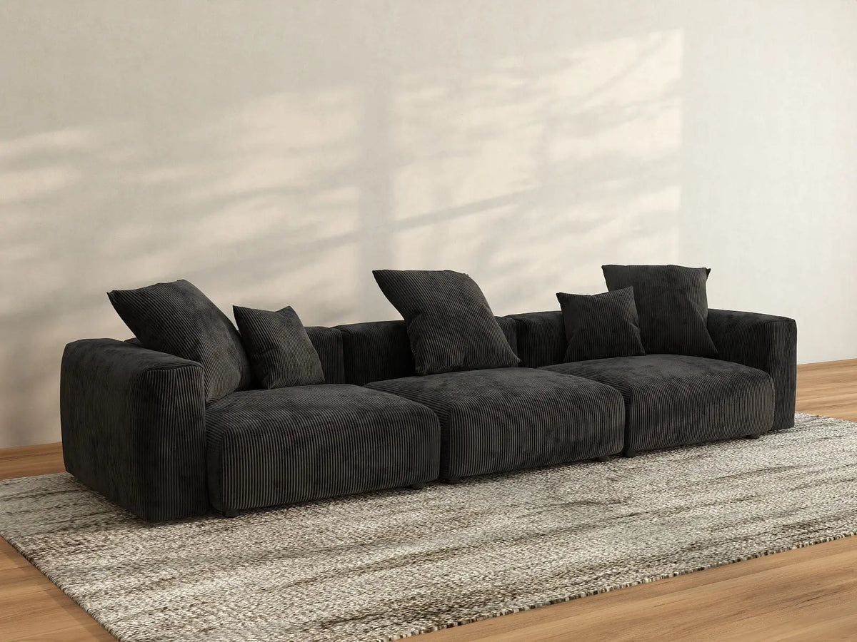 Matrix 3-Seater Black Washable Couch Sectional | 3-Piece, Corduroy Fabric, Modular Design