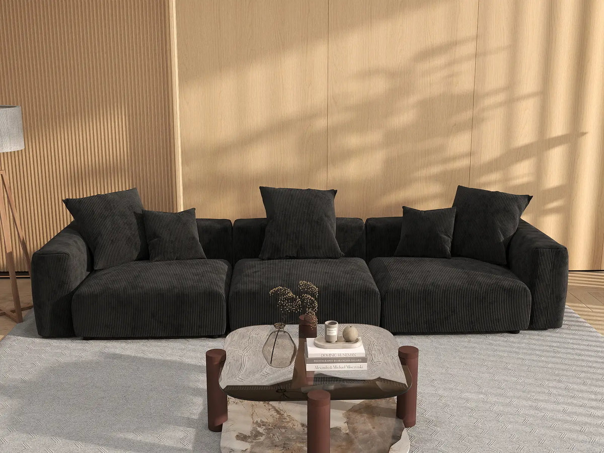 Matrix 3-Seater Black Washable Couch Sectional | 3-Piece, Corduroy Fabric, Modular Design