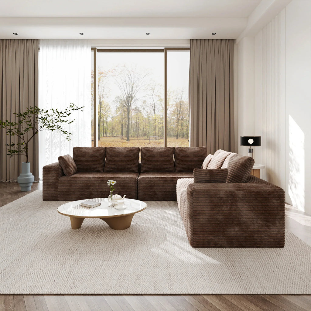 Matrix 6-Seater brown Modular L-Shaped Sectionals | 3-Piece, Corduroy Fabric, Compact Design