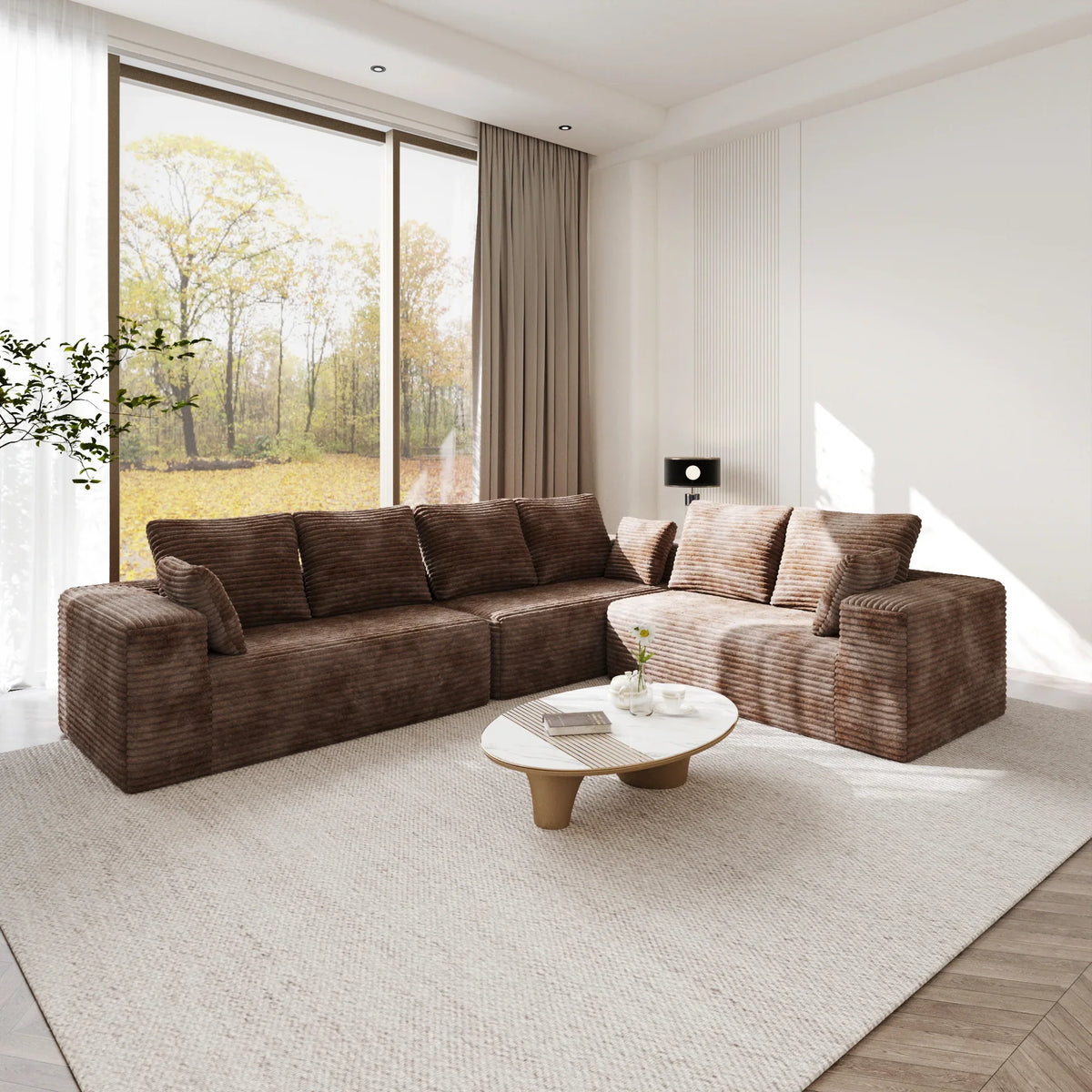 Matrix 6-Seater brown Modular L-Shaped Sectionals | 3-Piece, Corduroy Fabric, Compact Design