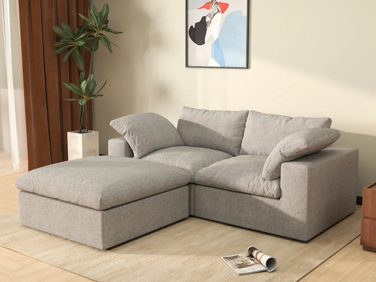 Deluxe Cloud 2-Seater Light-Grey Storage Chaise Sectional | 3-Piece (includes 1 Ottoman), Cotton and Linen Fabric, Washable Covers