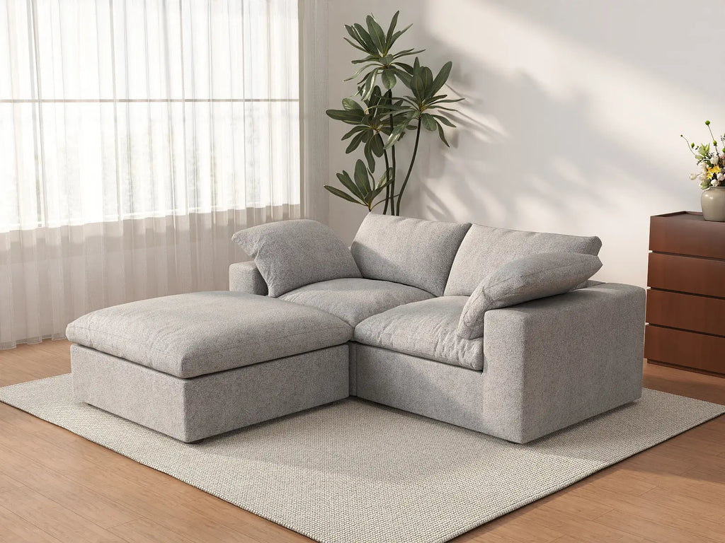 Deluxe Cloud 2-Seater Light-Grey Storage Chaise Sectional | 3-Piece (includes 1 Ottoman), Cotton and Linen Fabric, Washable Covers