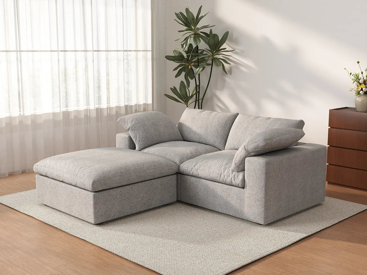 Deluxe Cloud 2-Seater Light-Grey Storage Chaise Sectional | 3-Piece (includes 1 Ottoman), Cotton and Linen Fabric, Washable Covers