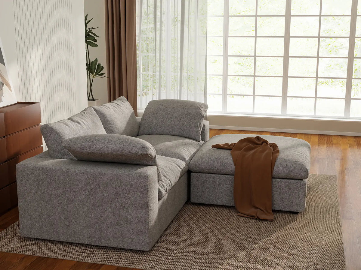 Deluxe Cloud 2-Seater Light-Grey Storage Chaise Sectional | 3-Piece (includes 1 Ottoman), Cotton and Linen Fabric, Washable Covers