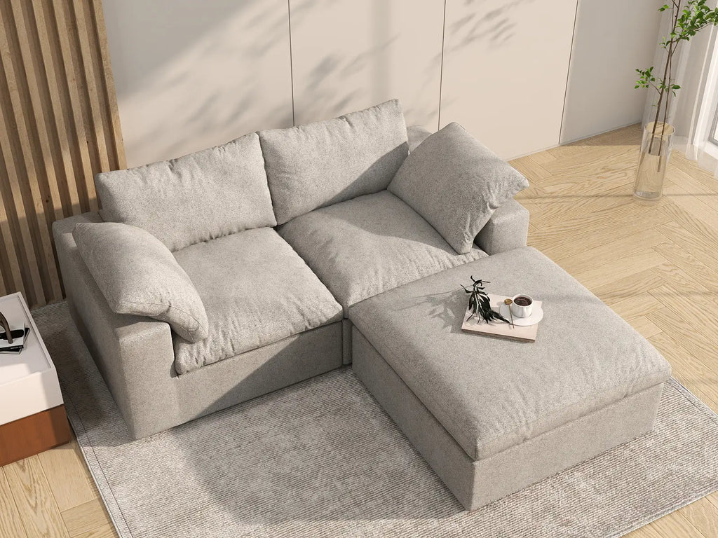 Deluxe Cloud 2-Seater Light-Grey Storage Chaise Sectional | 3-Piece (includes 1 Ottoman), Cotton and Linen Fabric, Washable Covers
